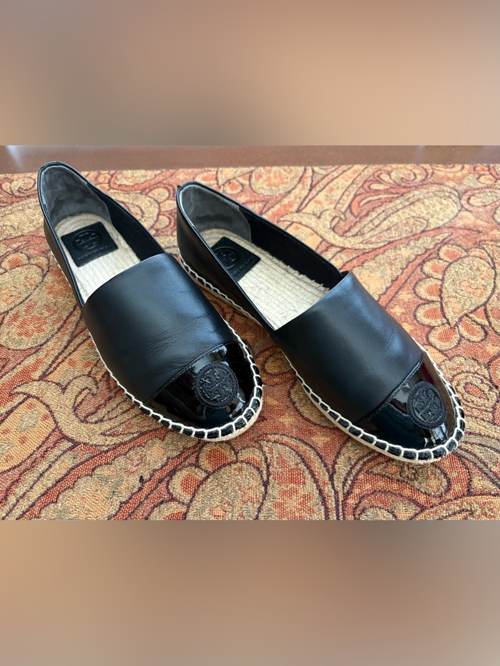 Tory Burch Color Block Espadrille Black Napa Leather/Patent Size 7  Like New